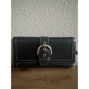 Vintage Coach Black Leather Single Stitch Silver Buckle Tri-Fold Wallet